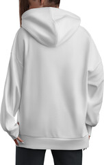 Mockup of white hoodies on a girl, png, sweatshirt back view