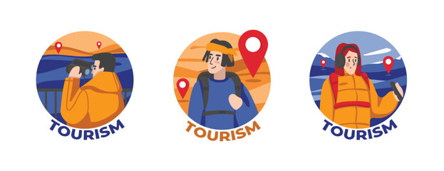 Set of colored cartoon characters of young people discovering new places. Process of visiting sightseeing during winter and summer holidays. Tourists and travelers lifestyle. Vector