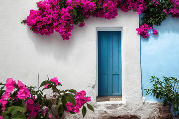Fototapeta na wymiar Old blue door with blooming pink bougainvillea in a European town, generative AI.