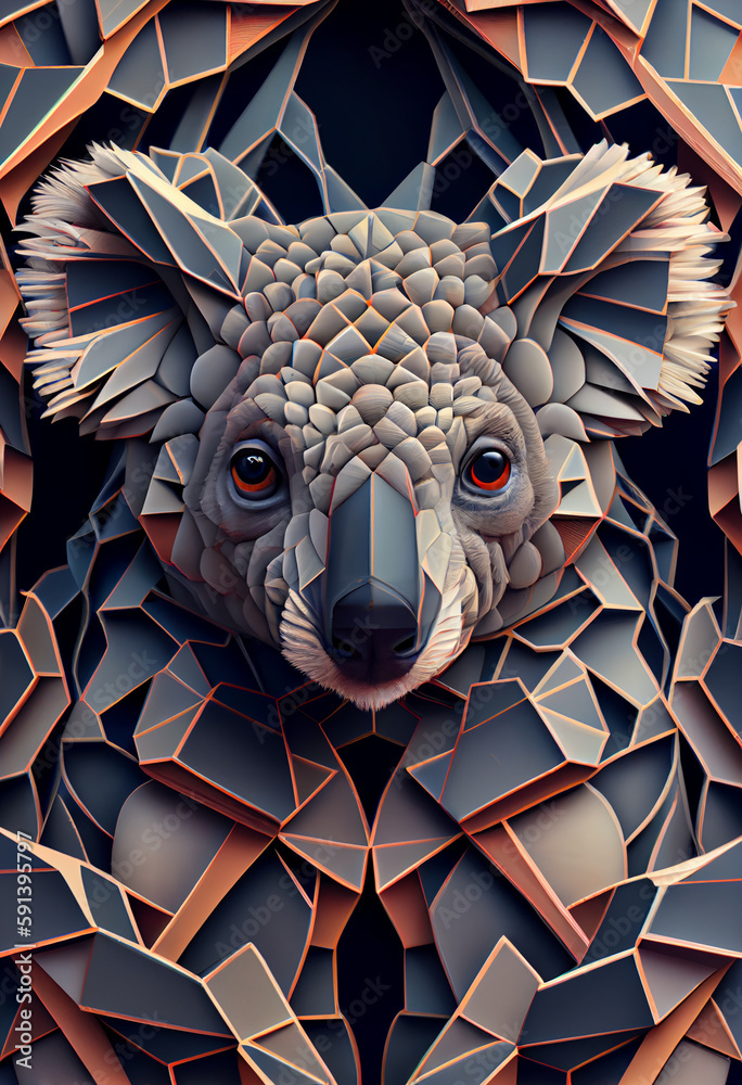 Poster A complex, multi-layered pattern of interlocking shapes that resembles aKoala's face.  Generative AI technology.	