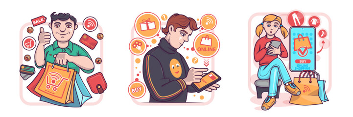 Set of cartoon characters of online shoppers ordering goods in funny style. Products purchase and delivery. People buying over Internet. Modern technology and lifestyle. Vector