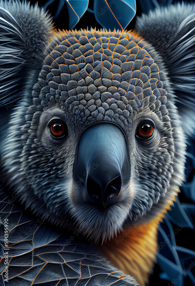 Poster A complex, multi-layered pattern of interlocking shapes that resembles aKoala's face.  Generative AI technology.	