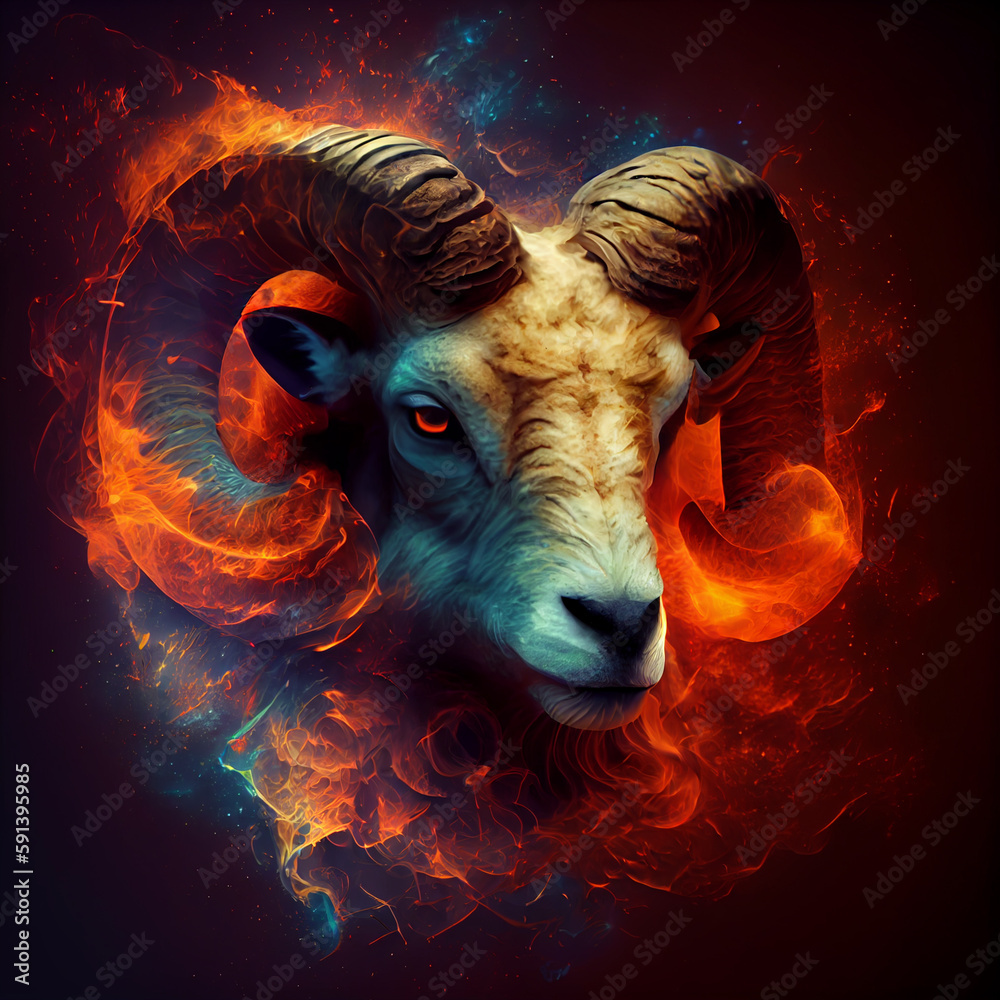 Aufkleber the zodiac sign aries of is in a fiery environment, fire and energy. generative ai technology.