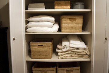 Fototapeta na wymiar a white closet with baskets and towels on shelves and folded towels on top of the shelves and folded towels on top of the shelves and folded towels on the bottom shelf. generative ai