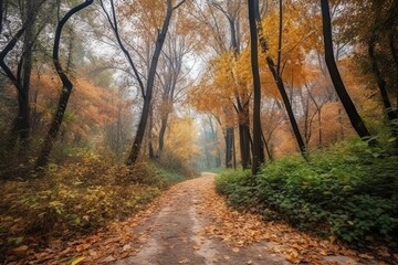  a dirt road surrounded by trees with yellow leaves on the leaves on the ground and on the ground is a leaf covered path with yellow leaves on the ground.  generative ai