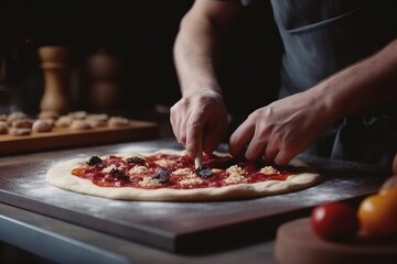  a person making a pizza on top of a pizza pan on a counter top with other food items on the counter behind it and a pizza cutter in the foreground.  generative ai