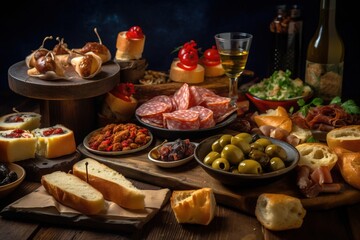 Fototapeta na wymiar a table full of different types of food and wine glasses and breads and meats and cheeses and breads and breads. generative ai