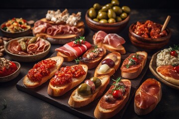 Fototapeta na wymiar a variety of breads and meats are displayed on a wooden tray with olives and breads on the side of the table. generative ai