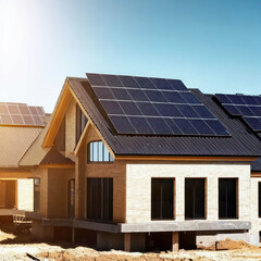Modern home with solar panels on the roof under a bright sky, generative AI