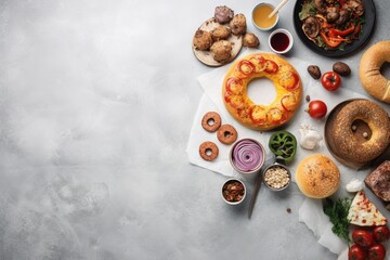 Fototapeta na wymiar a table topped with donuts and other foods on top of a white table cloth next to a bowl of sauce and a plate of food. generative ai