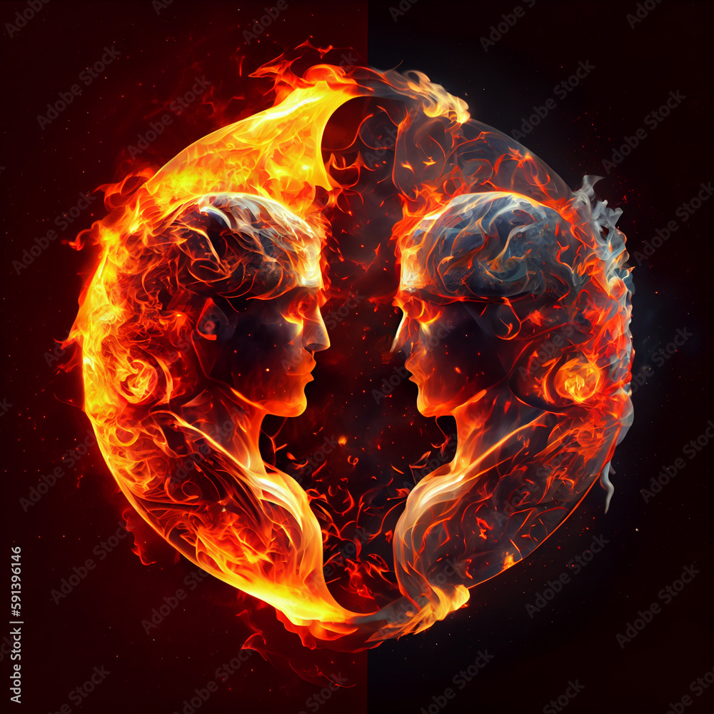 Poster the zodiac sign gemini of is in a fiery environment, fire and energy. generative ai technology.