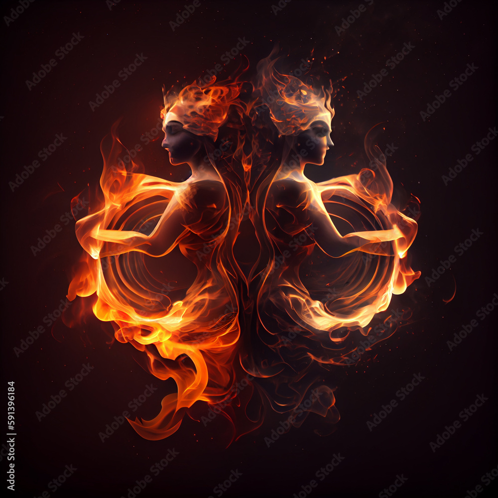 Poster the zodiac sign gemini of is in a fiery environment, fire and energy. generative ai technology.