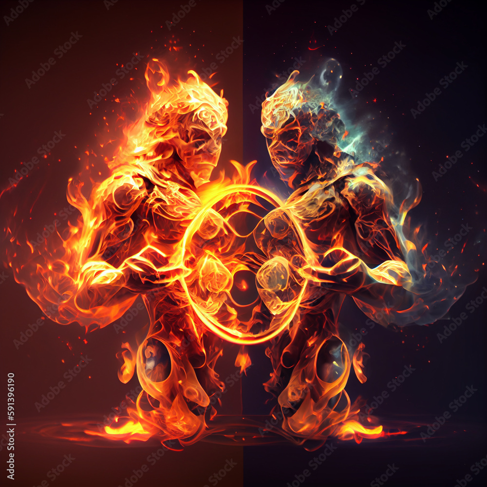 Poster the zodiac sign gemini of is in a fiery environment, fire and energy. generative ai technology.