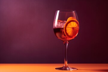  a glass of wine with a slice of orange in the middle of the glass and a half of the wine in the middle of the glass.  generative ai