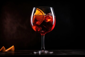  a glass of wine with a slice of orange on the side and a glass of wine with a slice of orange on the other side.  generative ai