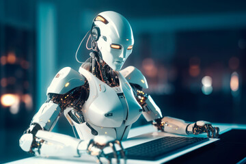 Fototapeta premium Female artificial intelligence robot doing office job at the desk. Generative AI