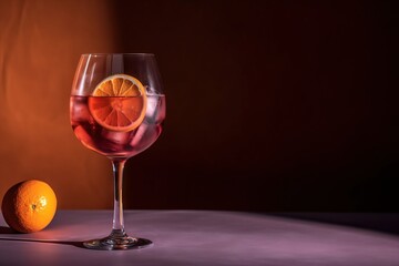  a glass of wine with a slice of orange next to it on a table with a shadow of an orange on the table and a dark background.  generative ai