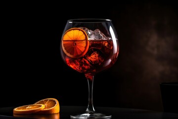  a glass of wine with a slice of orange on the side and a glass of wine on the other side with a slice of orange on the side.  generative ai