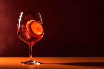  a glass of wine with a slice of orange in the middle of the glass and a half of the glass on the side of the glass.  generative ai