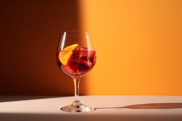 a glass of red wine with a slice of lemon on the side of the glass and a shadow on the wall behind the wine glass.  generative ai