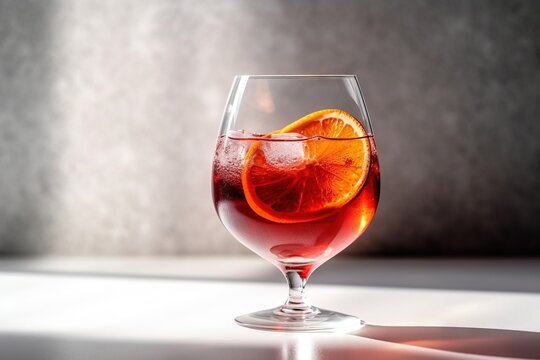  a glass of wine with a slice of orange on the rim of it, on a white table, with a shadow of a wall behind it.  generative ai