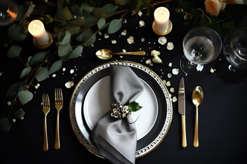  a table setting with a napkin, silverware, and a silver plate with a silver flower on it, surrounded by candles and greenery.  generative ai
