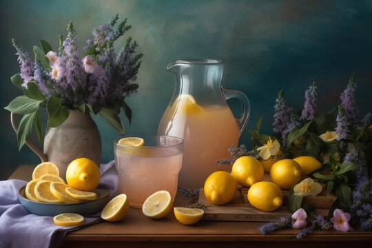  a painting of lemons, lavender and a pitcher of lemonade on a table with a cloth and a bowl of lemons on the table.  generative ai