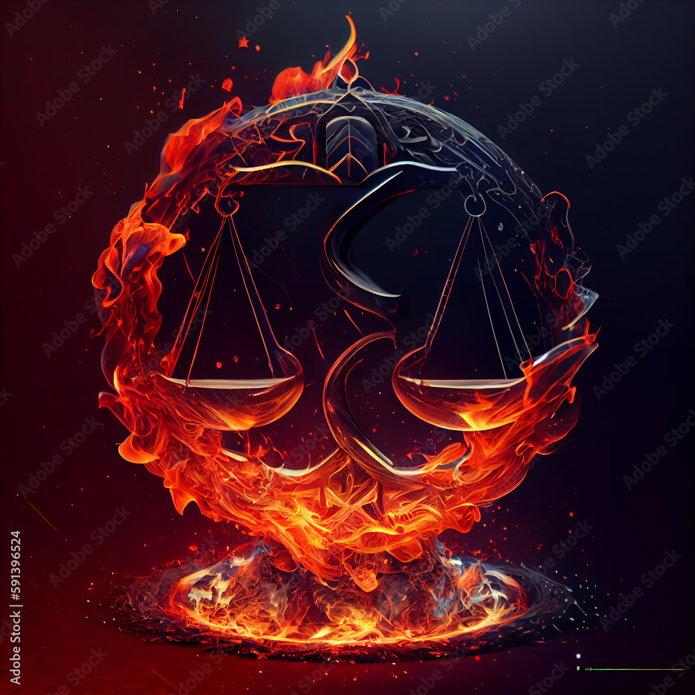 Poster the zodiac sign libra of is in a fiery environment, fire and energy. generative ai technology.