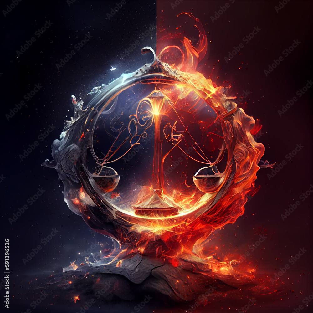 Poster the zodiac sign libra of is in a fiery environment, fire and energy. generative ai technology.
