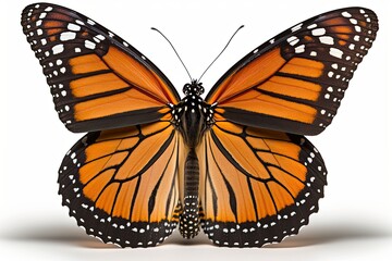 colorful butterfly up close on a plain white background. Generative AI