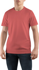 Canvas bella red t-shirt mockup on guy, png, front view - obrazy, fototapety, plakaty