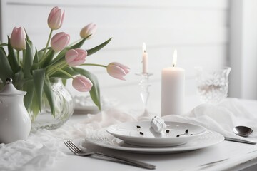 Obraz na płótnie Canvas a table with a white plate and a vase with pink tulips and a white candle on it and a white lace tablecloth. generative ai
