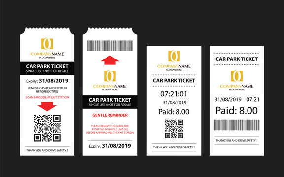 Car parking receipt template. Paper receipt from ticket machine slot. Realistic parking Tickets set coupon for payment. Isometric set of parking tickets. Flat illustration vector.