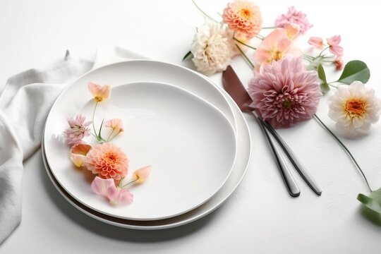  a white plate with flowers on it next to a knife and fork on a white table cloth with a white napkin and a white napkin.  generative ai