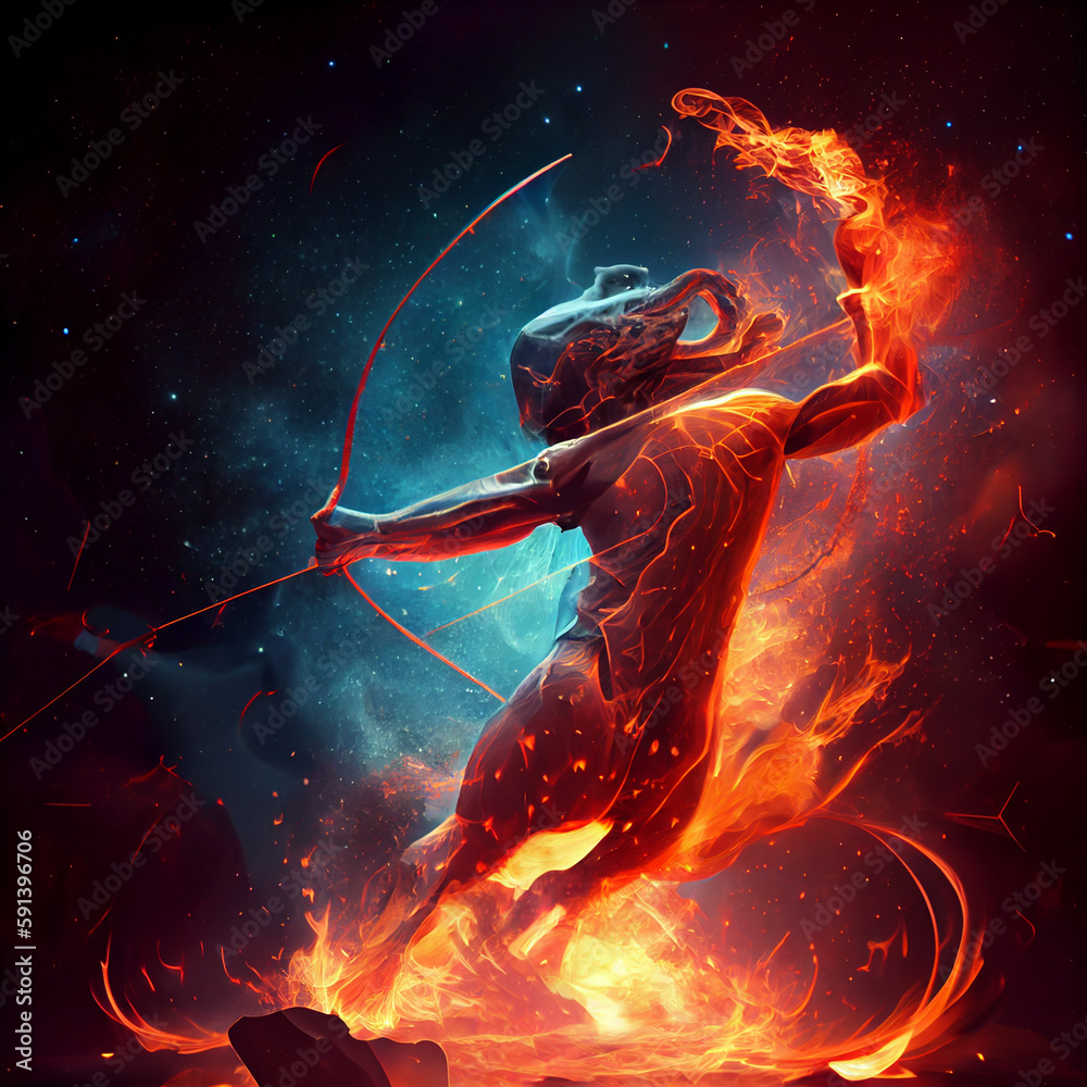 Poster the zodiac sign sagittarius of is in a fiery environment, fire and energy. generative ai technology.