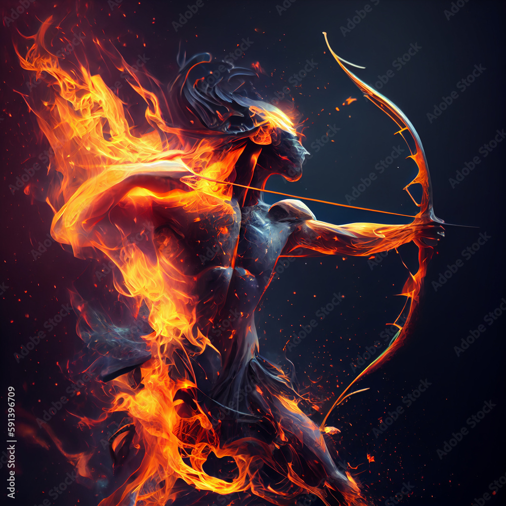 Poster the zodiac sign sagittarius of is in a fiery environment, fire and energy. generative ai technology.