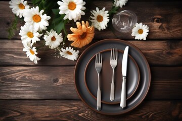  a plate with a knife and fork next to a vase of daisies and daisies on a wooden table with a glass of water.  generative ai