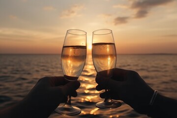  a couple of people holding up glasses of wine on a boat in the ocean at sunset or sunset time with the sun setting behind them.  generative ai