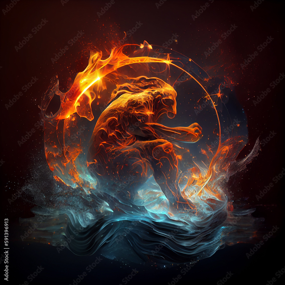 Poster the zodiac sign aquarius of is in a fiery environment, fire and energy. generative ai technology.