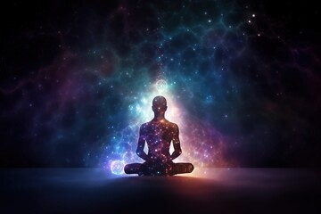  a person sitting in a lotus position in front of a colorful background with stars and a bright light in the middle of the image, with a black background.  generative ai