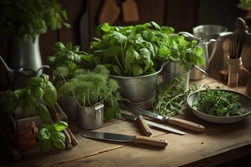  a bunch of green plants sitting on top of a wooden table next to a bowl of greens and a knife and a bowl of herbs.  generative ai