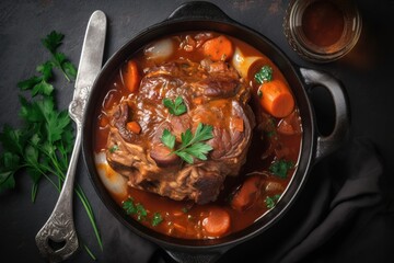  a pot of stew with carrots, meat, and parsley on a black surface with a spoon and a glass of wine on the side.  generative ai