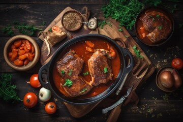 Obraz na płótnie Canvas a pot of stew with meat and vegetables on a cutting board next to a bowl of tomatoes and garlic and a spoon with a knife. generative ai