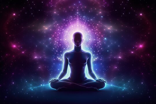  a person sitting in a lotus position in front of a star filled sky with a light shining in the center of the image and a bright light shining in the middle of the space.  generative ai