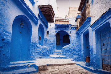 Old houses in the famous Chefchaouen Blue Town in Morocco, generative AI