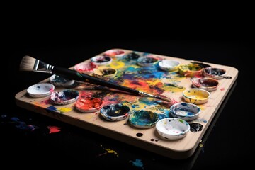  a wooden tray with paint and a brush on top of it with a black background and a black background behind it is a black backdrop.  generative ai