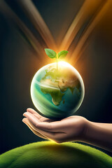 Planet Earth In Hands and young plant. Ai generative.