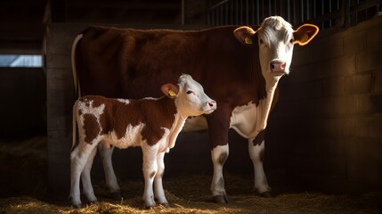 Hereford Cow with calf in a barn