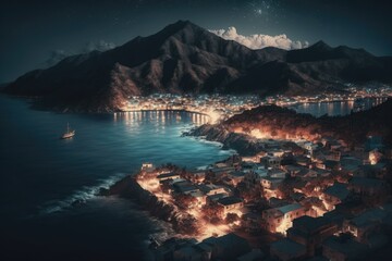 Naklejka premium bustling city skyline lit up at night from an aerial perspective. Generative AI