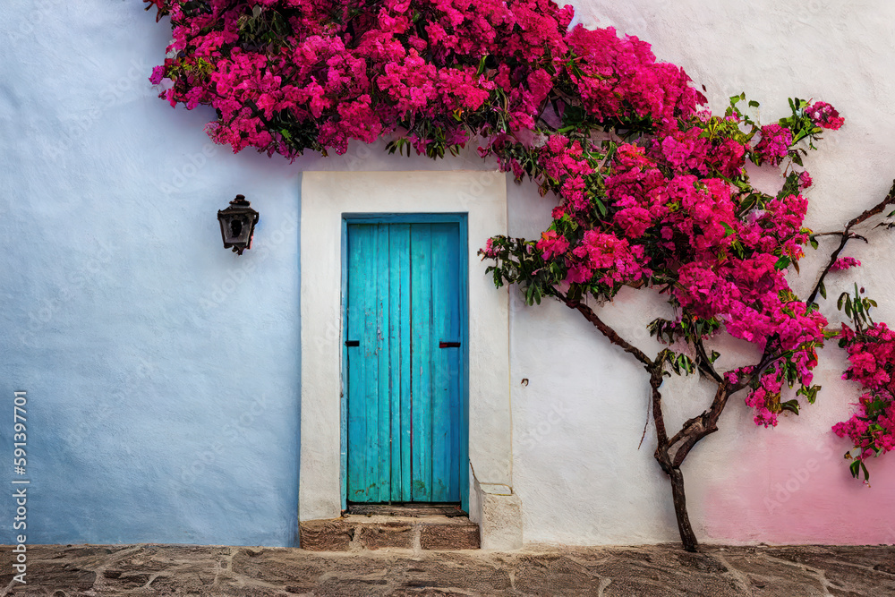 Wall mural Old blue door with blooming pink bougainvillea in a European town, generative AI.